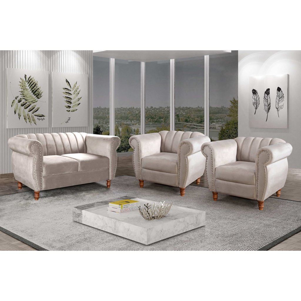 Conjunto Realeza Sofá com Poltronas Chesterfield Decoração Bege Claro Bege Claro