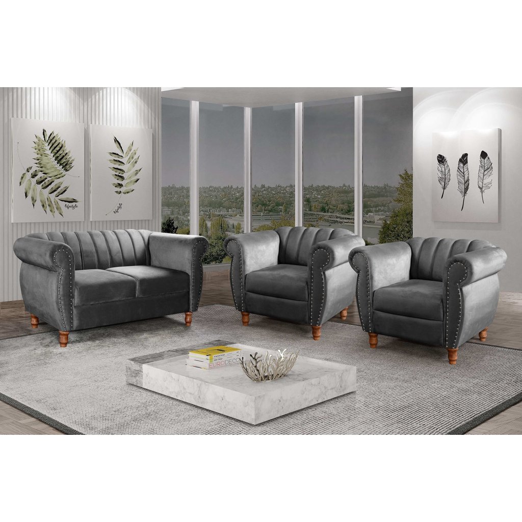 Conjunto Realeza Sofá com Poltronas Chesterfield Decoração Cinza Grafite Grafite/Cinza
