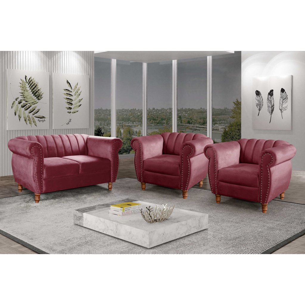 Conjunto Realeza Sofá com Poltronas Chesterfield Decoração Vermelho Bordô Bordô