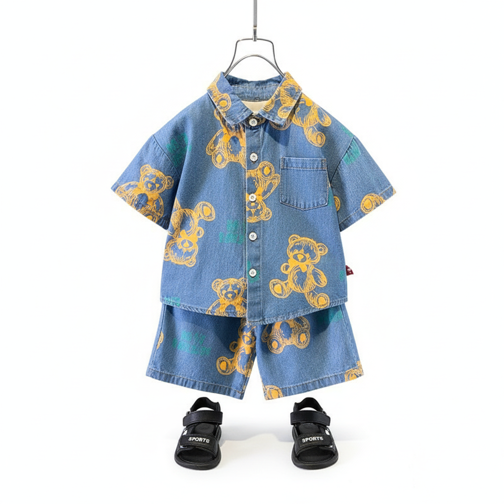 Conjunto de verão em denim para meninos Bear Print - Conjunto estiloso de 2 peças com shorts casuais e jaqueta