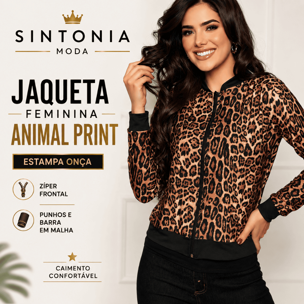 Jaqueta Feminina Oncinha Animal Print Quentinha Casual Inverno