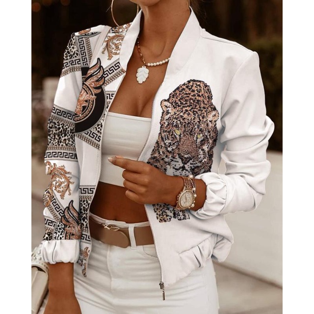 2022 Autumn Coats Women's Bomber Jacket Fashion Print Long Sleeve Zipper Slim thin Short Jackets Casual Outerwear Woman