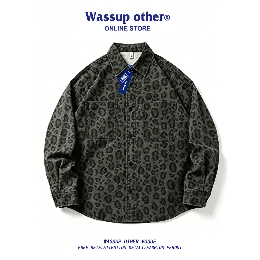WASSUP OUTRO American Street Wear Leopard Print Lapela Jaqueta Masculina Verão Na Moda Retro Solta Jaqueta Casual Mascul