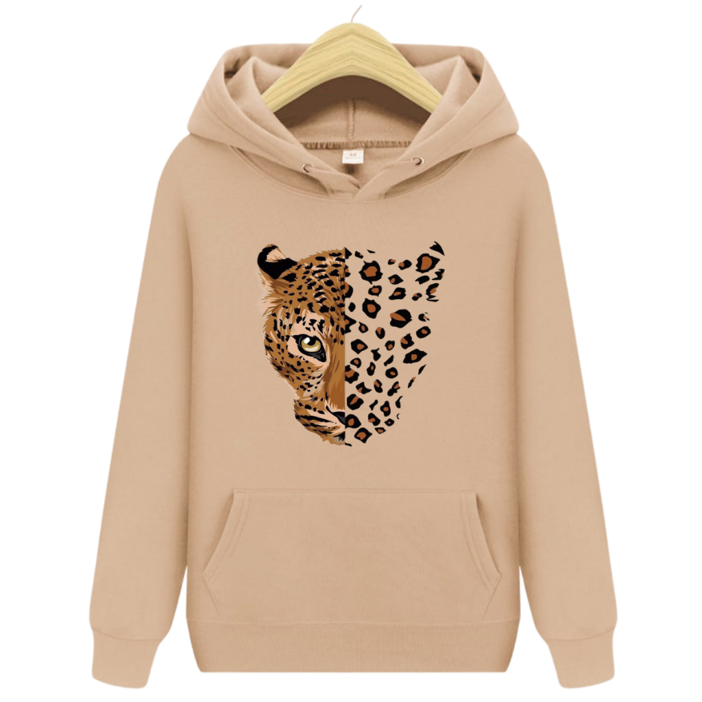 Casaco Blusa Moletom de Algodão Canguru Estampa Onça Once Animal Print Casual Tendência Frio