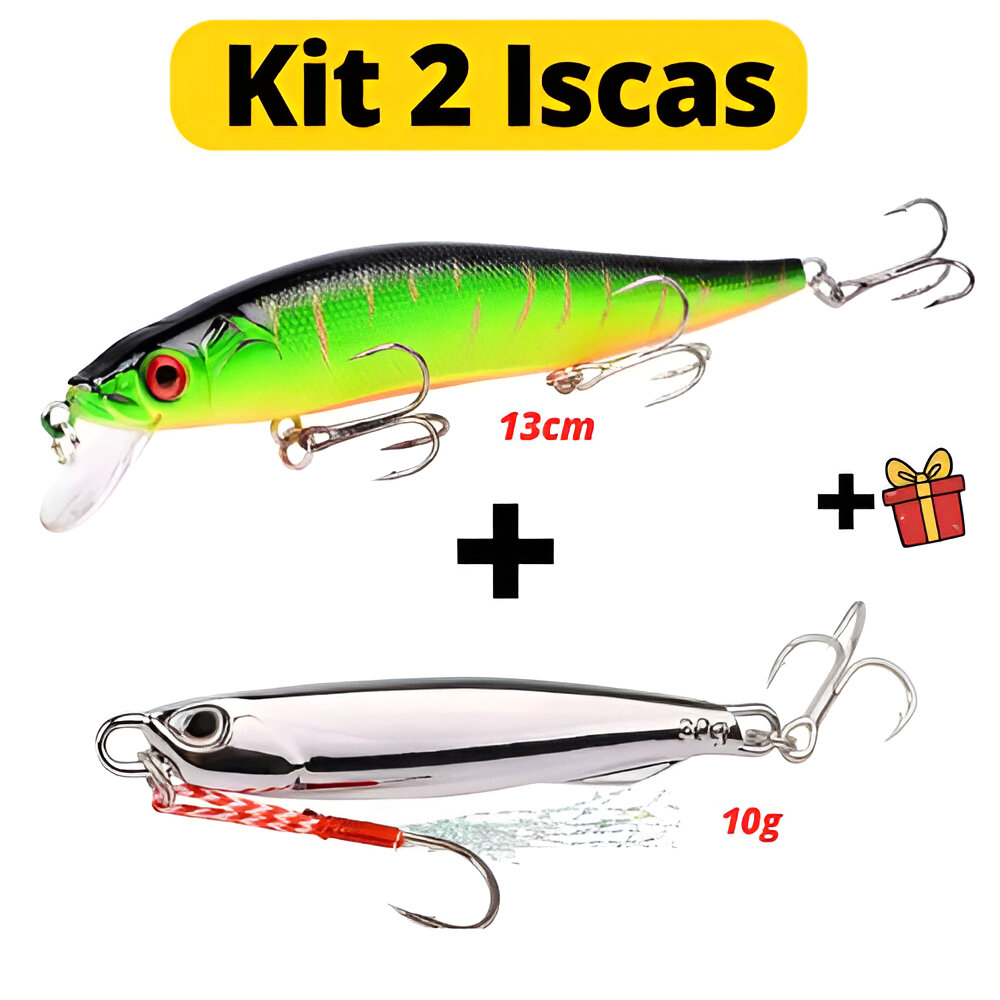 Isca artificial kit 2 unidades minnow meia água e jig metal pesca robalo, tucunaré, dourado, traíra, black bass iscas