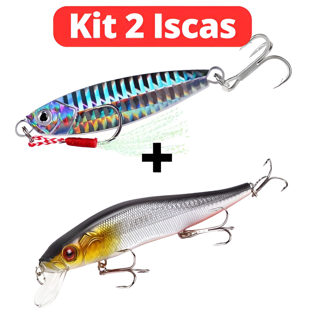 Isca artificial kit 2 unidades minnow 13cm meia água e jig 10g metal pesca robalo, tucunaré, dourado, traíra, black bass