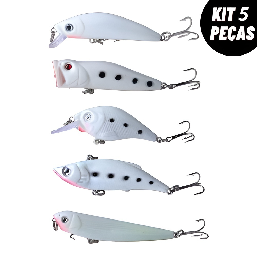 Kit 5 Iscas Artificiais Meia Água e Superfície Para Tucunaré Traíra Robalo Black Bass Dourado