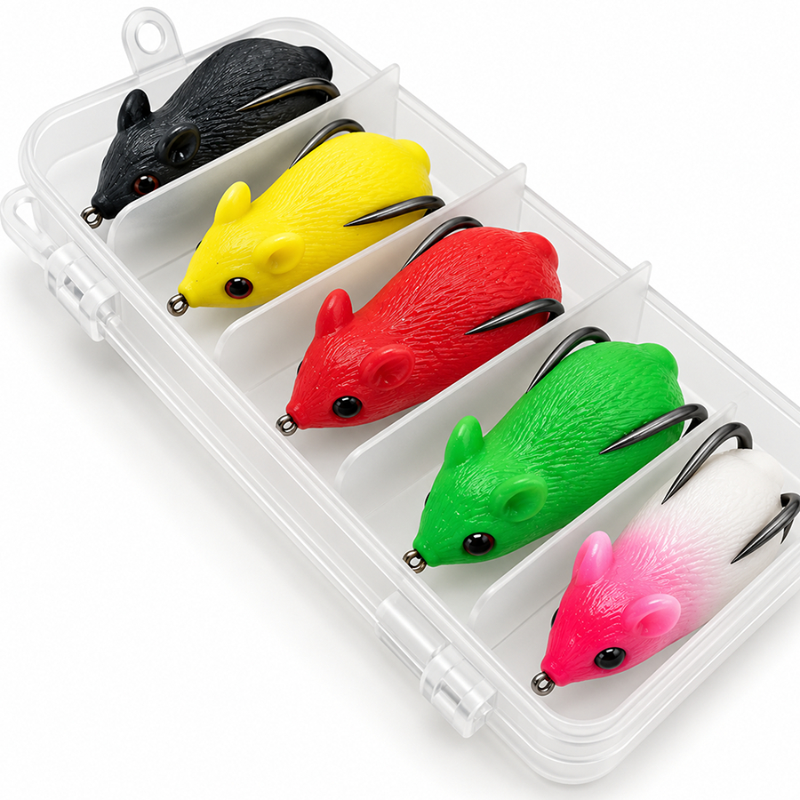 Isca Artificial Tipo Rato Mouse de Superfície Corpo Macio Anti Enrosco para Pesca Traíra Black Bass Água Doce Kit 5