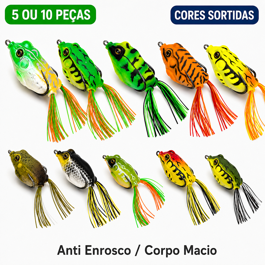 Isca Artificial Frog Sapo Anti Enrosco Corpo Macio para Traíra Tucunaré Black Bass Pesca Esportiva Kit 10