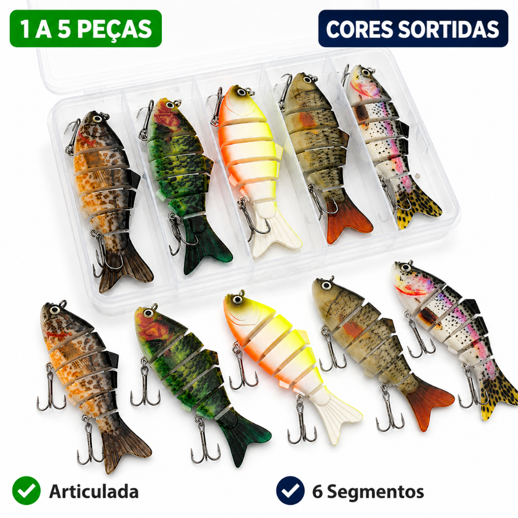 Isca Artificial Articulada 6 Segmentos 9,5cm com Garatéias para Pesca Tucunaré Traíra Black Bass Água Doce Kit 5
