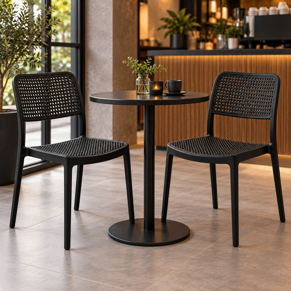 Kit 2 Cadeiras Monaco Rattan Totalmente Pretas para Apartamento Studio e Kitnet