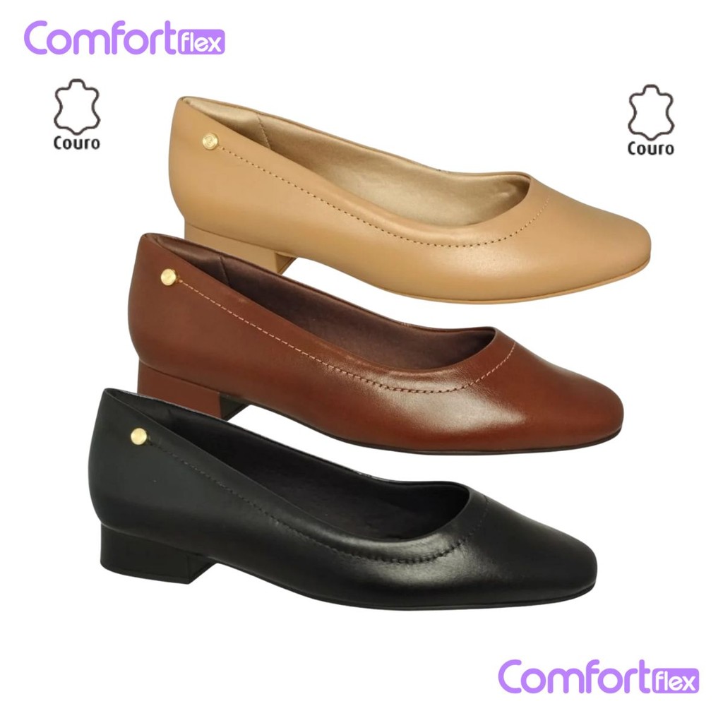 Sapatilha Feminina ComfortFlex Couro Conforto Salto Baixo Esporão Fascite Ref: 82301
