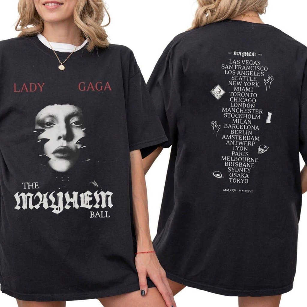 Camiseta Masculina Feminina Estampa Lady Gaga The Mayhem Ball Tour 2026 T-shirt Unissex Streetwear