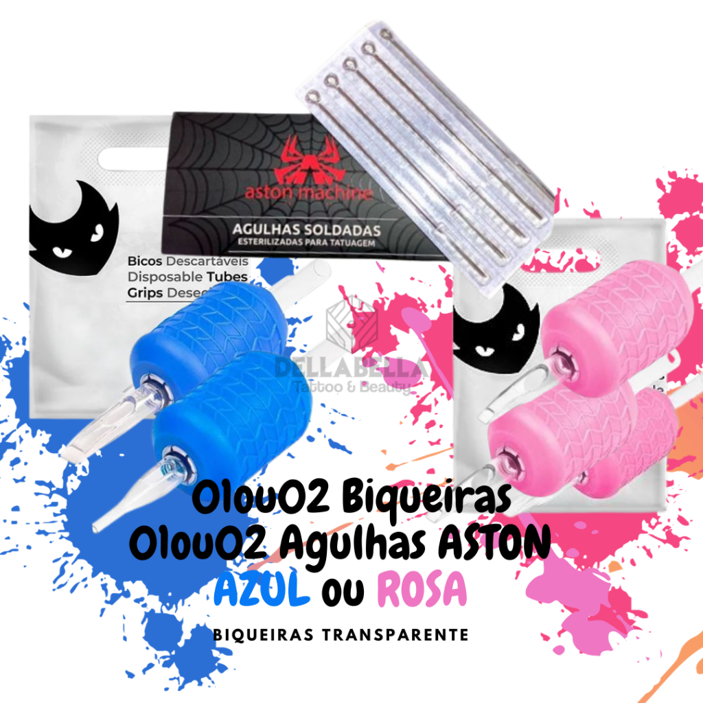 Aston Machine  02 UND + BIQUEIRAS Tattoo Tatuagem ELETRIC INK TRANSPARENTE 02 UND ROSA ou AZ|UL