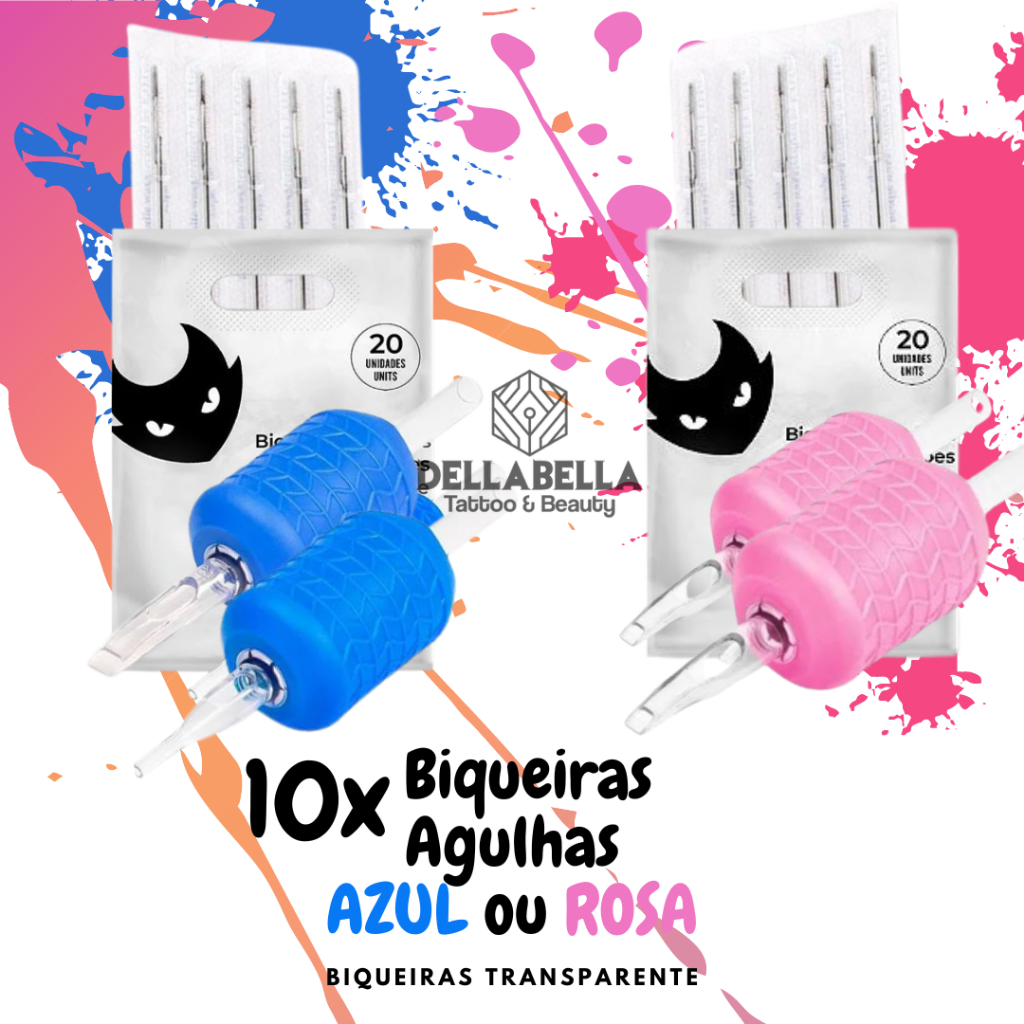 KIT 10 Agulhas Aston Machine e 10 Biqueiras Azul ou rosa TRANSPARENTE Electric Ink  Tatuagem Tattoo