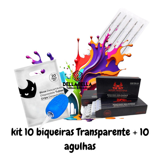 BIQUEIRAS ELETRIC INK 10 UND TRANSPARENTE com 10 UND Agulhas Aston Machine ROSA ou AZUL