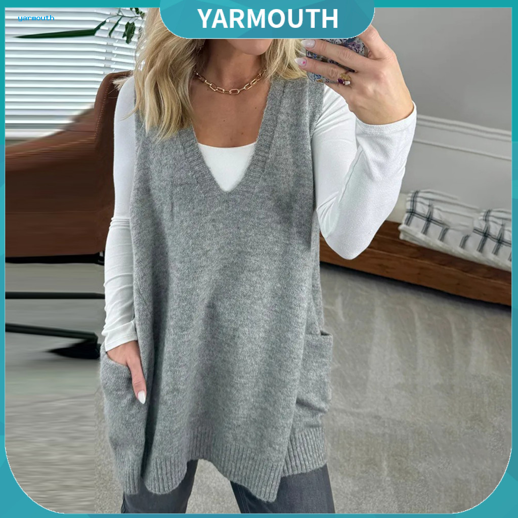 Women Sweater Vest Jumper Women’s V-neck with Pockets Sleeveless Mid-length Knit Top Solid Color Casual Autumn Winter