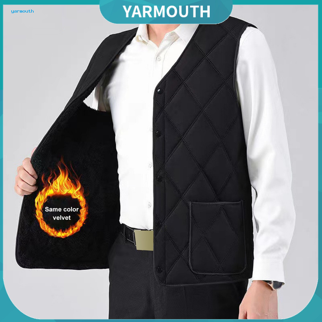 Plush Padded Vest Winter Men's Quilted Waistcoat with Pockets Thickened Lining V-neck Sleeveless Jacket Solid Color Sing