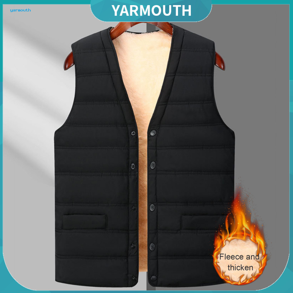 Sleeveless Vest Single-breasted Men's Thermal Waistcoat V-neck Cotton with Velvet Lining Windproof Warm Jacket Pockets S