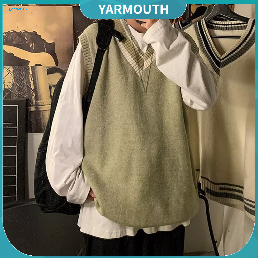Men Knit Vest Couple Matching Sweaters Men's V Neck Sleeveless Sweater Loose Fit Colorblock Knitted Pullover Mid-length