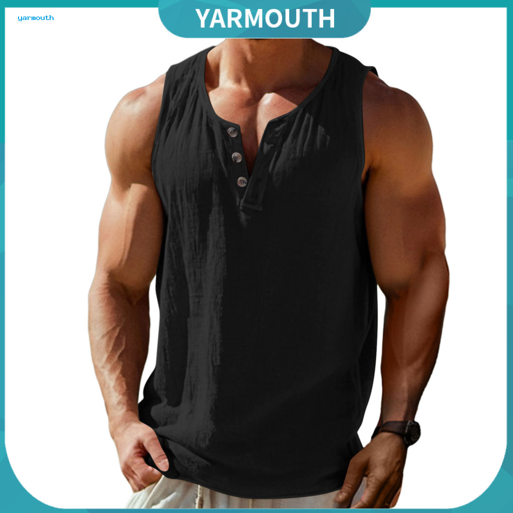 Comfortable Summer Vest Men Breathable Sports Men's Sleeveless Muscle Tank Top Round Neck Half Button Placket Loose Fit