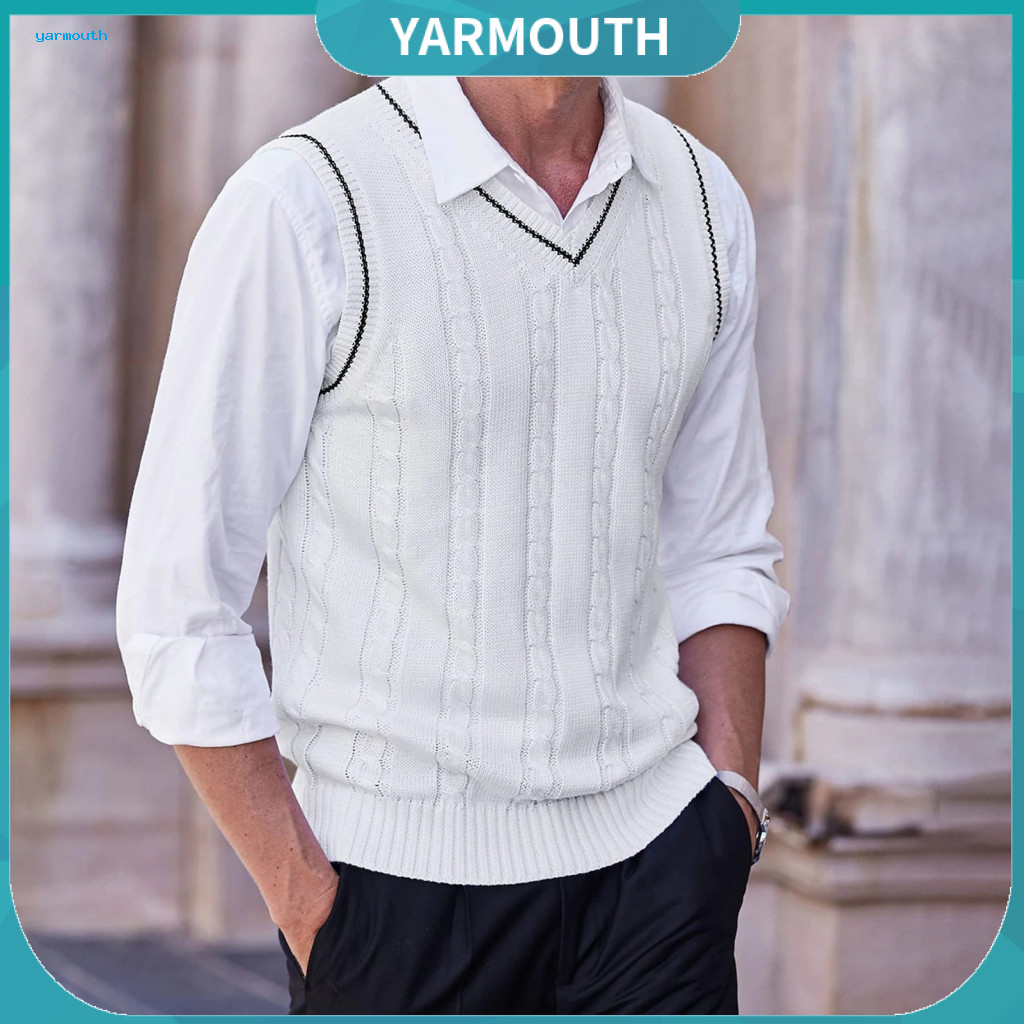 Color-blocked Tank Top V-neck Vest Men's V Neck Sleeveless Sweater Slim Fit Colorblock Knitted Pullover Mid-length Thick