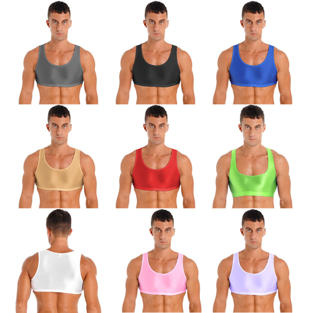inhzoy Mens Glossy Cropped Tank Top Solid Color Round Neck Sleeveless Vest Tops Swimwear Nightwear