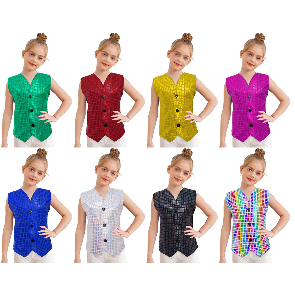 inhzoy Kids Girls Boys Dance Stage Performance Costume V-neck Sleeveless Asymmetrical Hem Button Metallic Plaid Vest