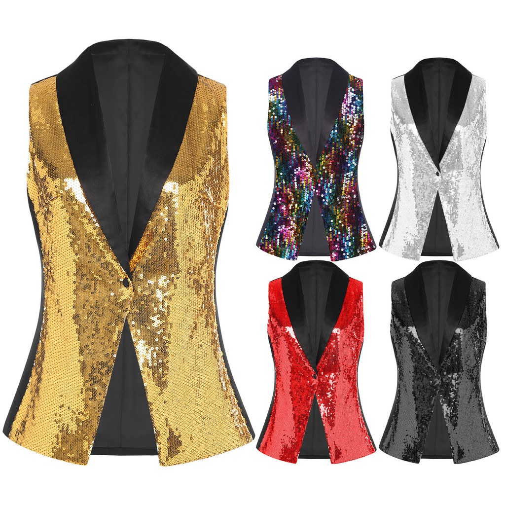 inhzoy Women Stylish All-matched V-neck Sleeveless Sparkly Sequin Vest Waistcoat for Banquet Wedding Pageant Celebration