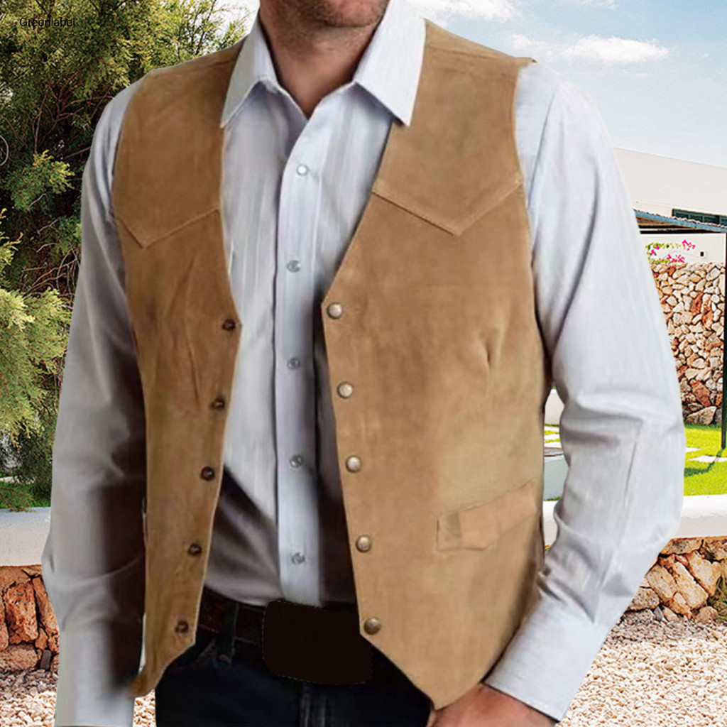 Solid Color Vest Coat V-neck Sleeveless Men's Formal Waistcoat with Pockets Collarless Single-breasted Business for Offi