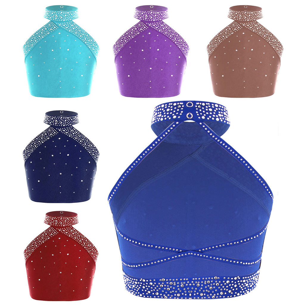 inhzoy Kids Girls Sparkly Rhinestones Dance Tops Halter Neck Sleeveless Backless Cross Back Vest