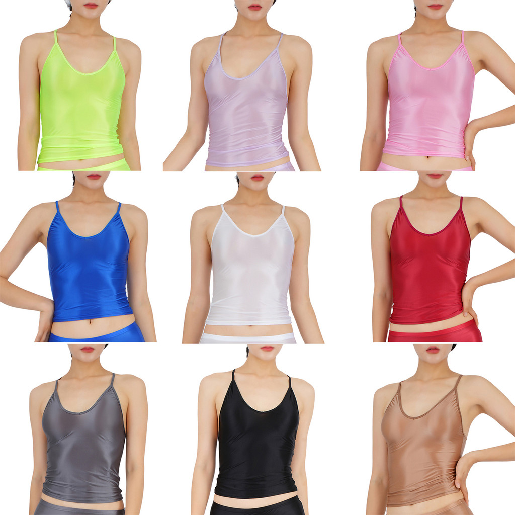 inhzoy Womens Glossy Stretchy Camisole Scoop Neck Sleeveless Sling Tops Crop Tops Vest for Yoga Gym Sports Clubwear