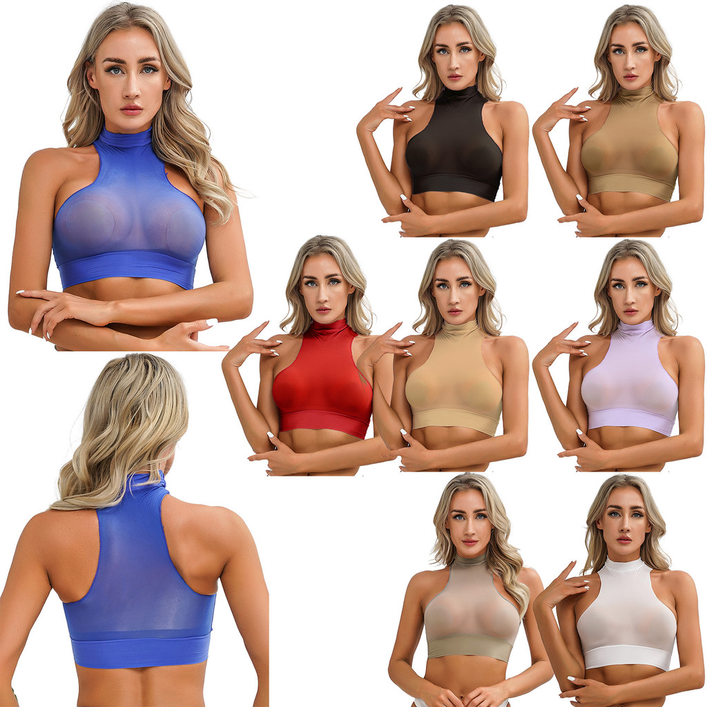 inhzoy Womens Mock Neck Sleeveless Sheer Crop Top Glossy See-Through Slim Fit Vest Tops Pool Party Clubwear Nightwear