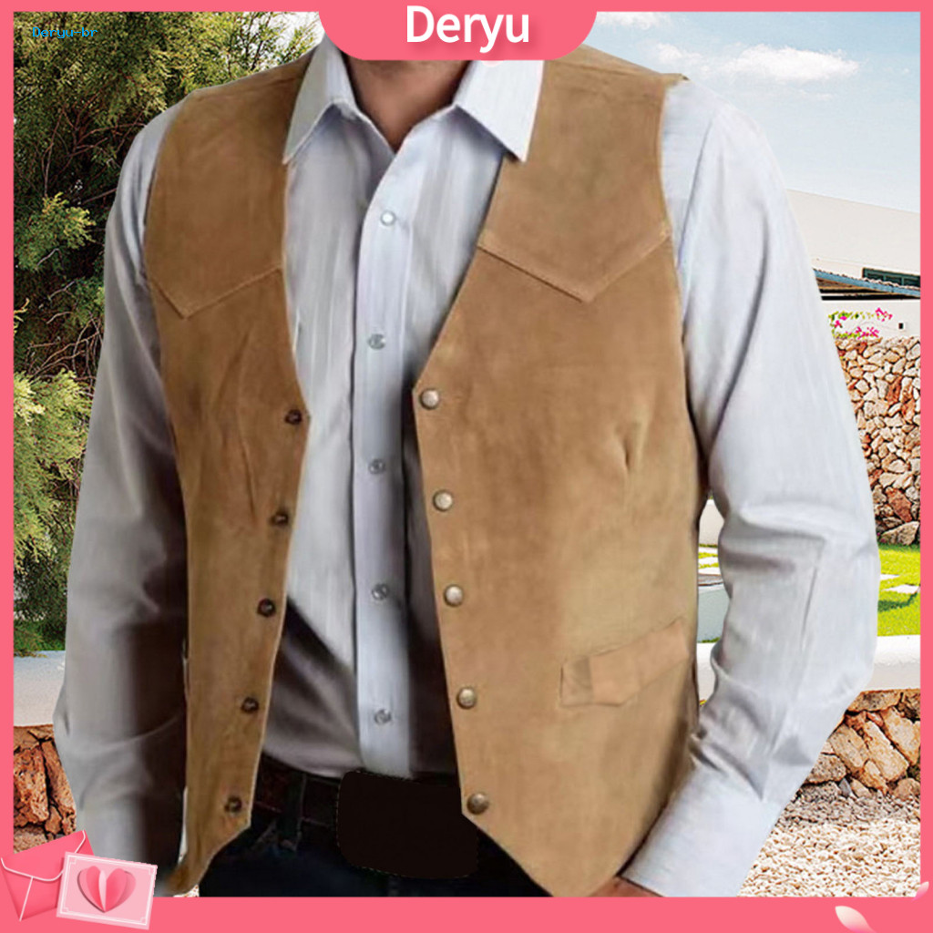 Western Style Men Vest Wedding Men's Formal Waistcoat Sleeveless V-neck with Pockets Collarless Single-breasted Solid Co