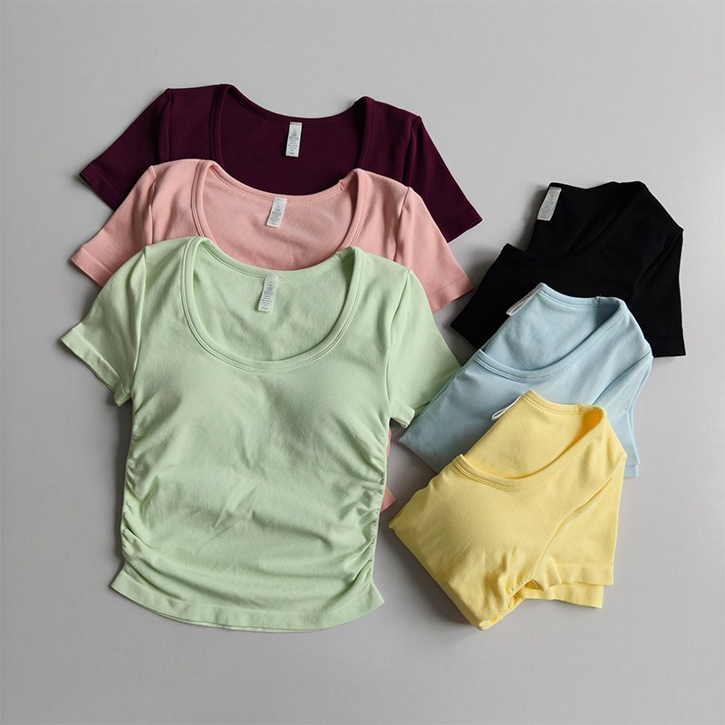 Mulheres em torno do pescoço fixo almofada no peito yoga Wear camiseta de manga curta mais magro olhar correndo esportes