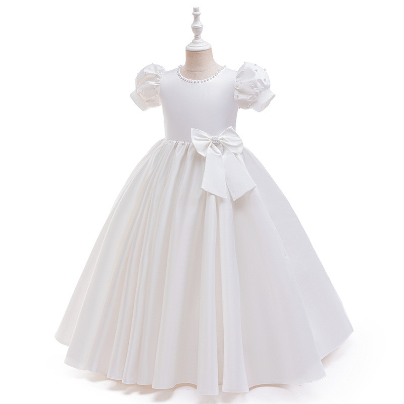 Branco Puff Renda Manga Curta Flor Meninas Vestidos Longos Em Torno Do Pescoço Grande Arco Casamento Aniversário Primeir
