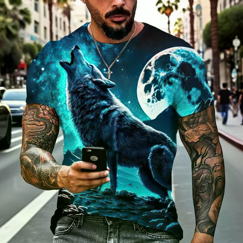 Camiseta Masculina Lobo 3D Impresso Manga Curta Em Torno Do Pescoço Verão Casual Atitude De Rua Roupas Neutras Personali