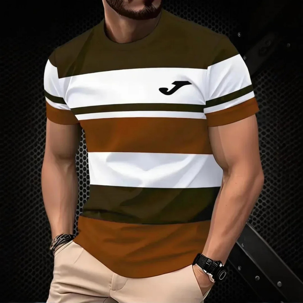 Camiseta Masculina Moda Verão Ao Ar Livre Casual Em Torno Do Pescoço Manga Curta Topo Listrado 3D Impresso Criança