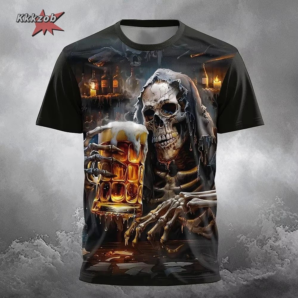 Crânio Cerveja 3D Impresso Gótico Horror Camiseta Masculina Festa Rua Casual Manga Curta Em Torno Do Pescoço Camisa Supe