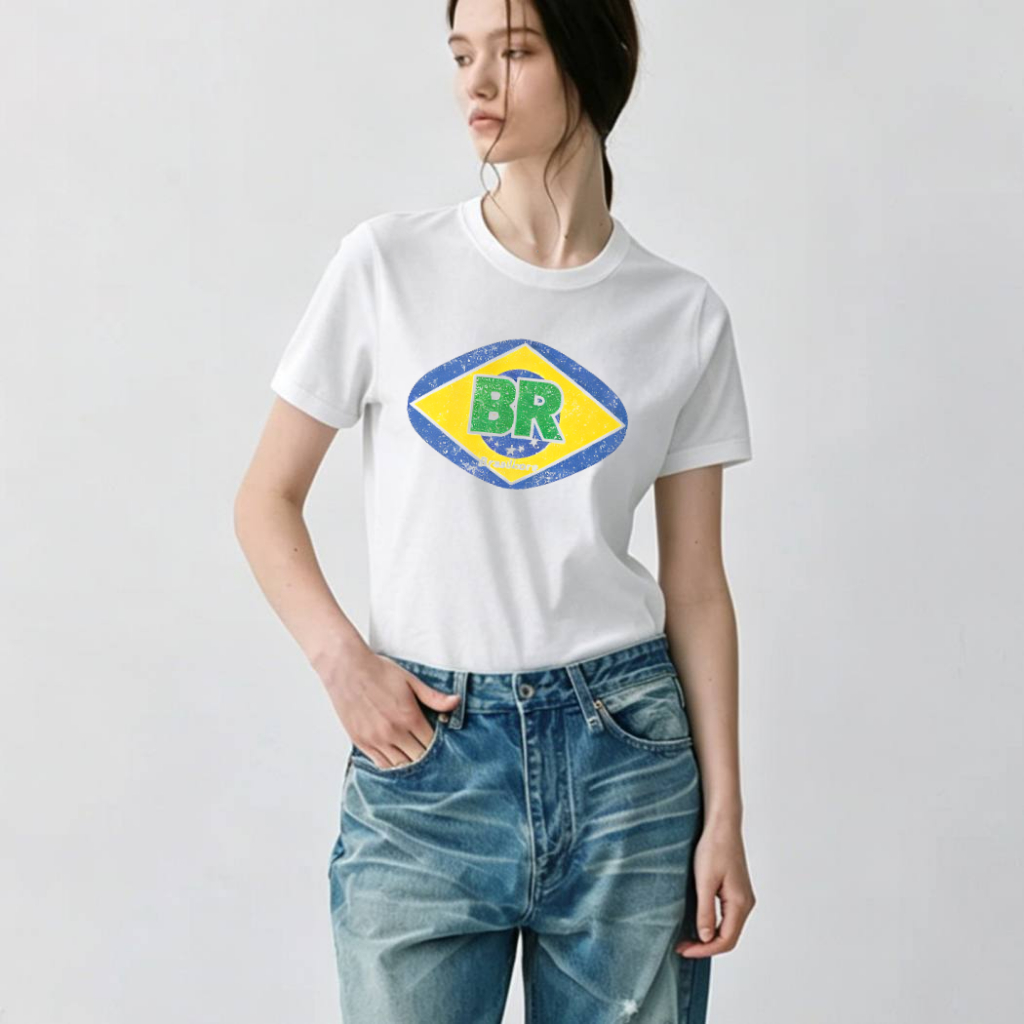 Bandeira do brasil estilo BR carta camiseta das mulheres dos homens mesmo estilo solto em torno do pescoço manga curta R