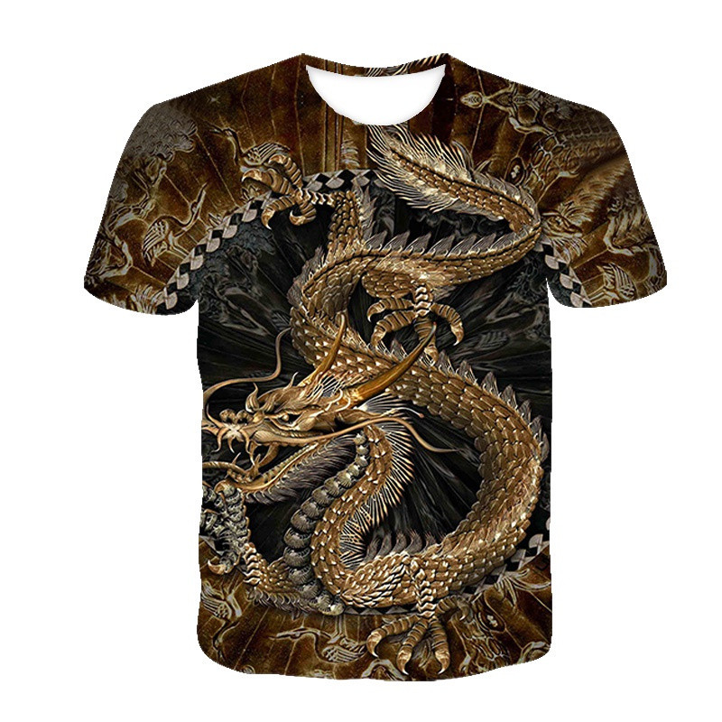 Camiseta Masculina Verão Dragão Impressão De Sublimação 3D , Camisa Em Torno Do Pescoço Manga Curta Casual Moda Topos