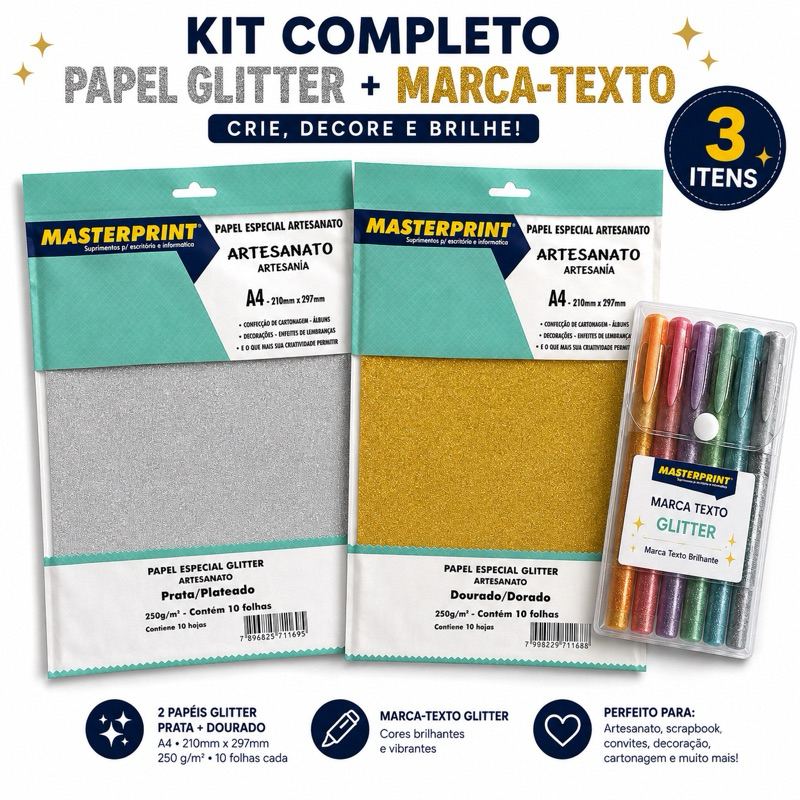 Kit Papel Glitter A4 Prata e Dourado 250g 20 Folhas + Marca Texto Glitter 6 Cores Artesanato Scrapbook