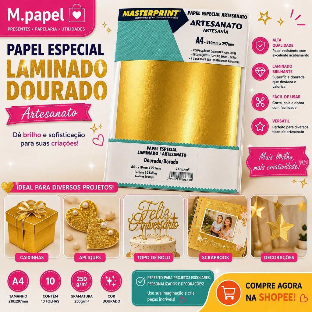 Papel Laminado Dourado A4 250g 10 Folhas para Artesanato Scrapbook Caixinhas e Decoração
