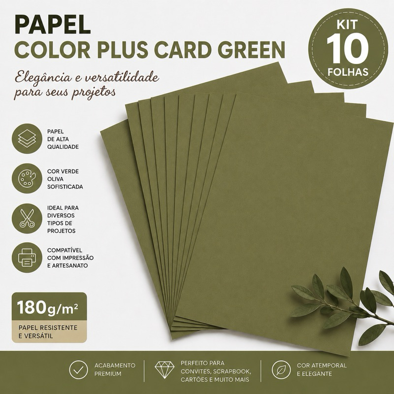 Papel Color Plus Card Green Verde Oliva 180g Kit 10 Folhas A4 Para Artesanato Scrapbook Convites