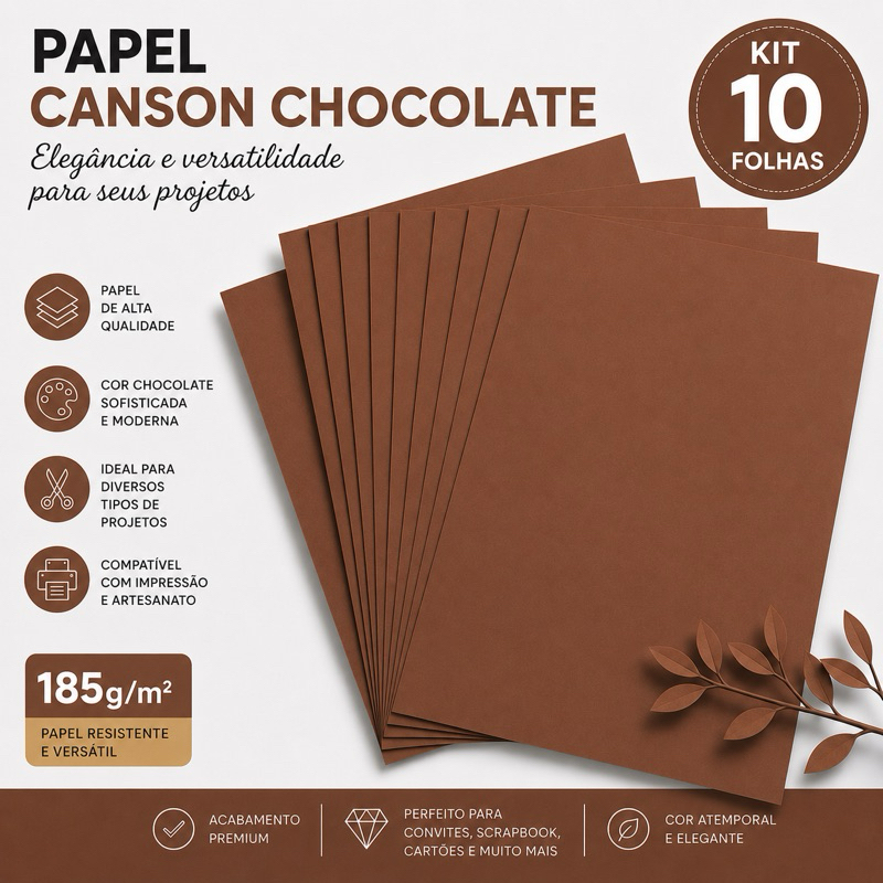 Papel Canson Chocolate A4 185g Kit 10 Folhas para Convites Scrapbook e Personalizados