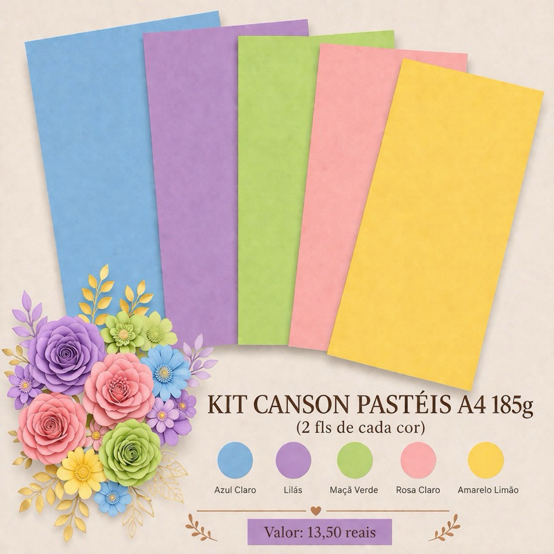 Papel Canson Pastéis kit A4 185g Colorido – 10 Folhas (2 de cada cor) Scrapbook Artesanato