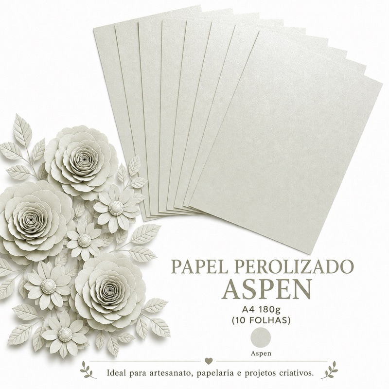 Papel Perolizado Aspen A4 180g Kit 10 Folhas para Artesanato, Scrapbook e Papelaria flores convite