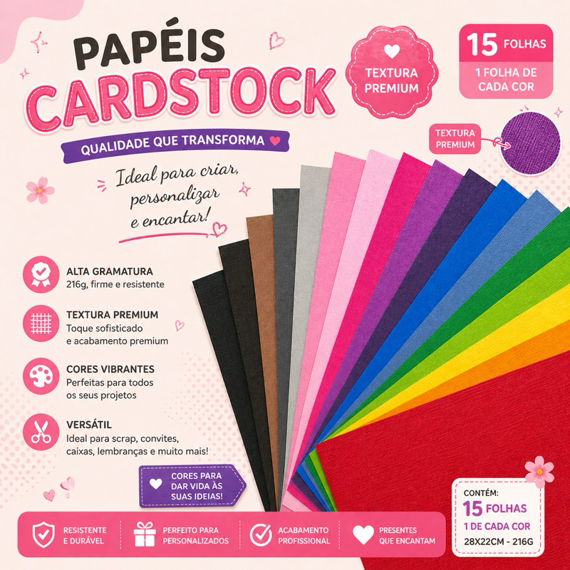 Cardstock Papel Colorido Texturizado 28x22cm – Folhas Multicoloridas Para Artesanato, Scrapbook e Cartões