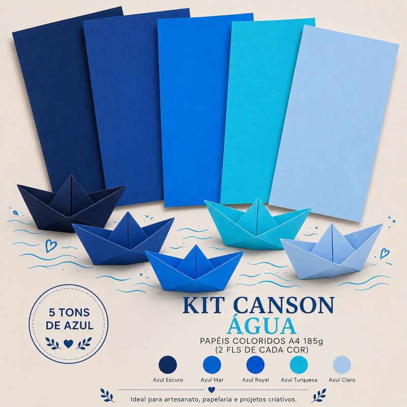 Kit Papel Canson Iris Vivaldi 185g A4 10 Folhas 5 Cores Água (2 de Cada Cor) para Flores de Papel, Scrapbook e Papelaria