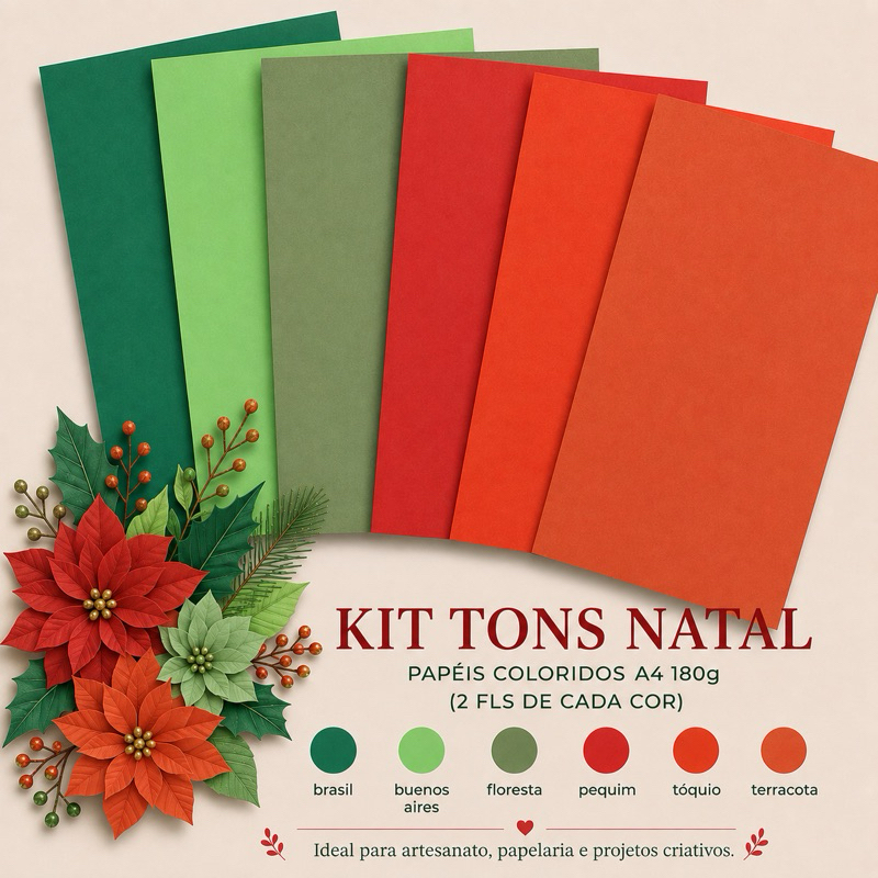 Kit Papel Color Plus A4 180g Tons Natal 6 Cores 12 Folhas Scrapbook Papelaria